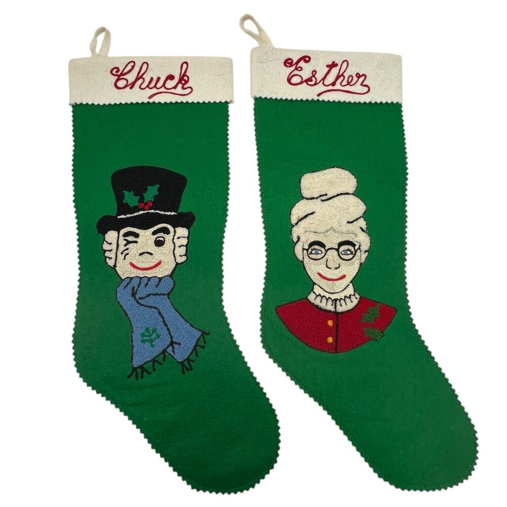 1960s MCM Felt Crewel Christmas Stockings Set of 2 Victorian Lady Gentlemen MONO